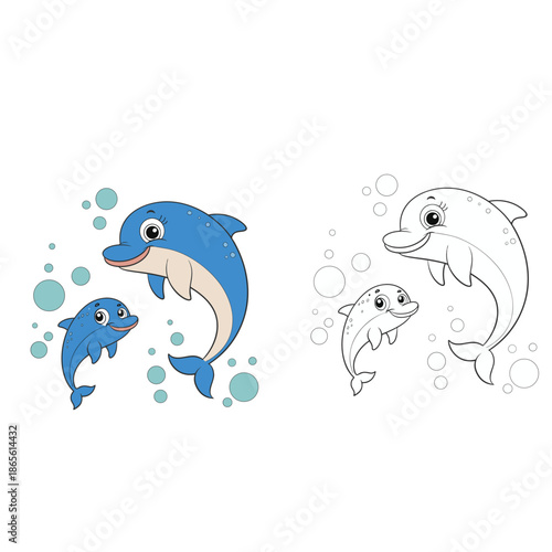coloring book for kid mother and baby dolphin vector 