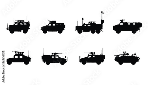 A collection of military vehicle silhouettes on a white background
