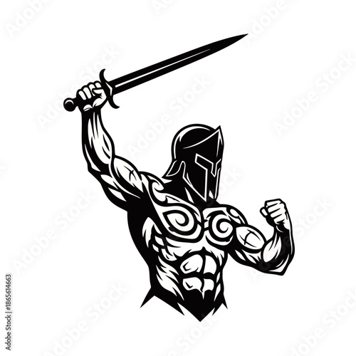A powerful warrior in ancient armor raises a sword in victory, showcasing muscular physique and tribal tattoos.