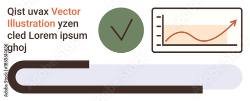 Business analytics, data insights, presentation tools, progress tracking, infographic creation, visual communication. A chart with a rising trend, a checkmark and minimal shapes. Business analytics