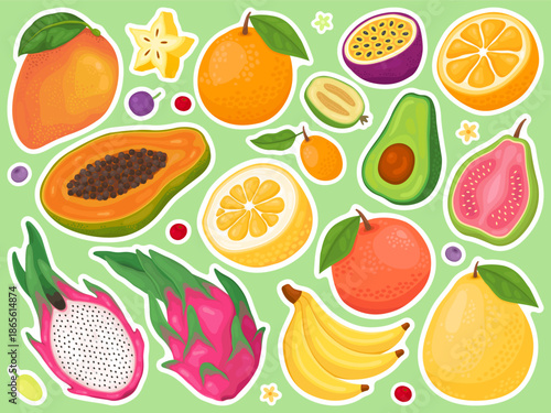 Stickers with cute illustrations of tropical fruits. Dragonfruit, papaya, mango, orange, pomelo, bananas, guava, avocado.