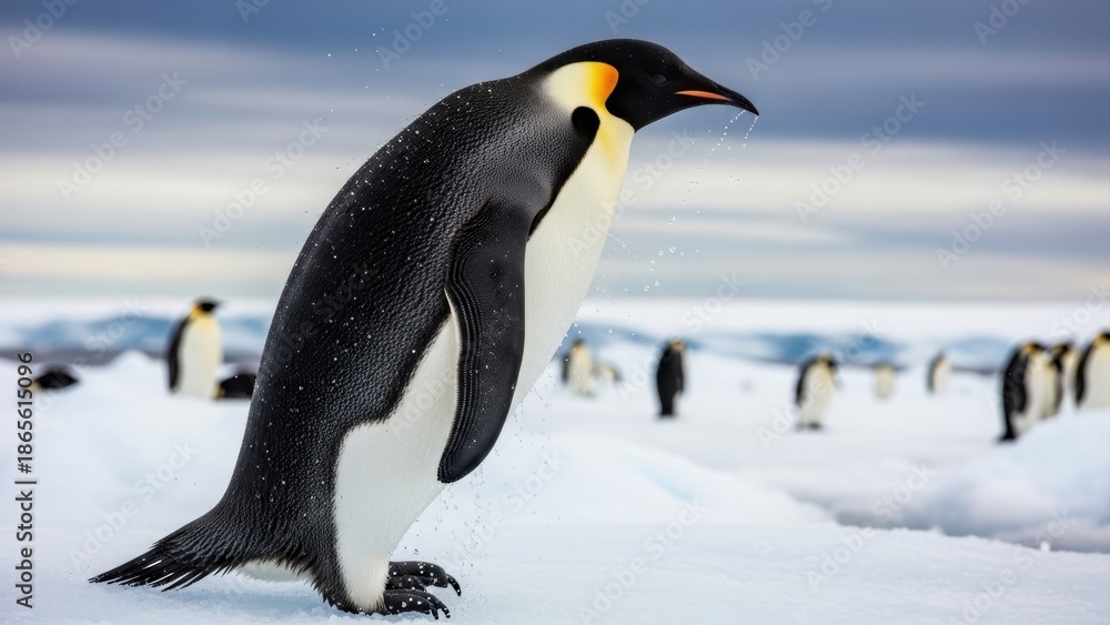 Fototapeta premium Elegant emperor penguin shaking water from its feathers on the ice.