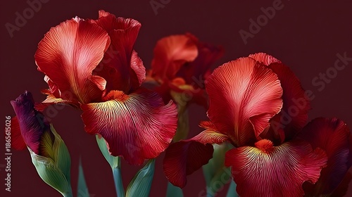 Richly colored red iris flowers bloom in a dramatic close-up composition against a dark maroon background, radiating beauty and artistic floral elegance.