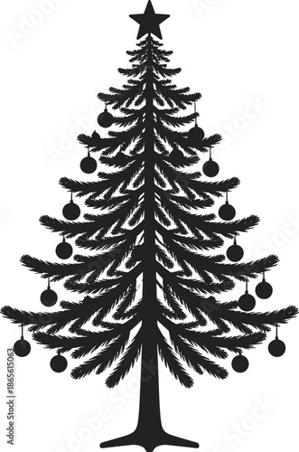 Black and white of a decorated Christmas tree with baubles and a star on
