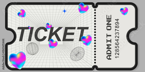 Bright Y2K, 90s ticket. Vector with psychedelic gradients, holographic hearts, and a geometric background. Perfect for discos, parties, and modern music events.
