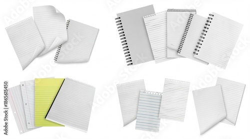A scattered assortment of loose-leaf lined notebook pages and spiral-bound notebooks, presented from various angles on a clean white background.