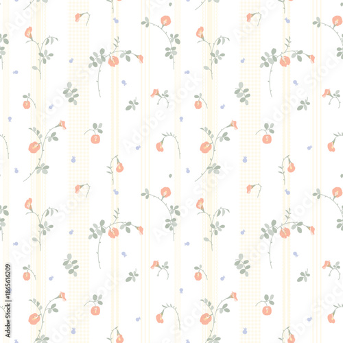 floral pattern in small design. Small cute flowers on yellow stripe background. Ditsy floral seamless pattern. Pretty small print. butterfly pea flower, surface design for fashion, wallpaper, textile,