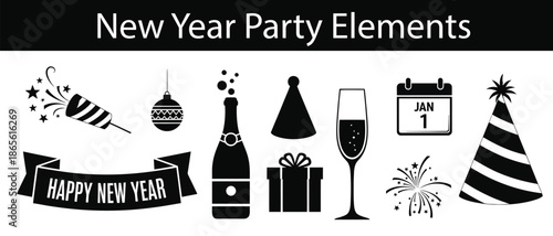 Collection of New Year Party Elements including confetti, champagne, party hats, gifts, and fireworks for celebrations
