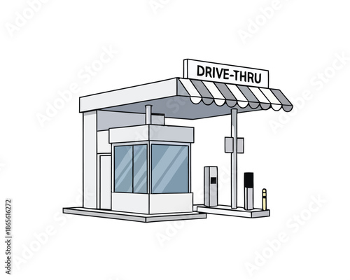 Illustration of a drive-thru service window with an awning and menu board