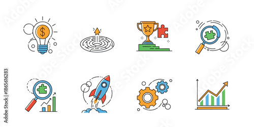 Collection of modern business strategy and innovation concept icons, depicting growth, success, analytics, and startup development for digital marketing and corporate presentations