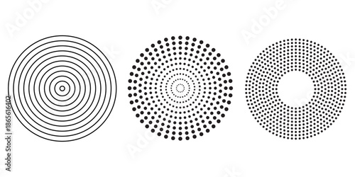 Black radial circle set. Sonar or sound wave ring collection. Halftone and linear epicentre, target, radar icon concept. Ripple concentric signal or vibration elements. Vector line and dotted symbols