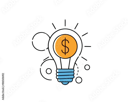 Stylized line art illustration of a light bulb with a dollar sign, representing innovative ideas leading to financial success, business growth, and profitable ventures
