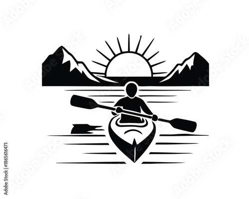 Solo kayaker gracefully navigating serene waters amidst majestic mountains under a radiant sun, embodying the spirit of outdoor adventure and tranquility