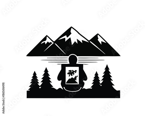 Tranquil mountain landscape silhouette with a contemplative figure, embodying harmony, introspection, and the profound serenity found in connecting with the natural world