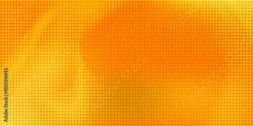 Yellow halftone pattern. Retro comic gradient background. Bright orange pixelated dotted texture overlay. Cartoon pop art faded gradient pattern. Vector backdrop for poster, banner, advertisement