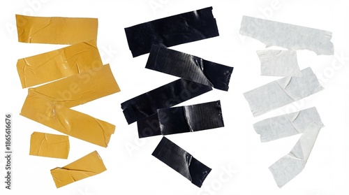 Canvas Print Assorted rolls of adhesive tape including yellow duct tape, black gaffer tape, and white masking tape, arranged on a white background