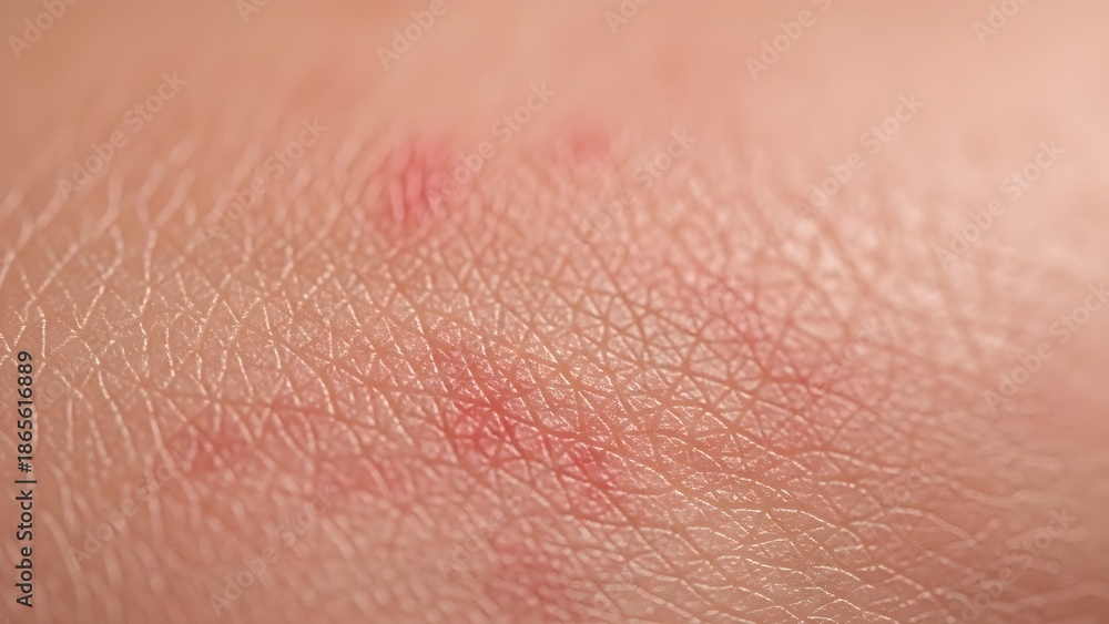 Fototapeta premium Close-up macro shot of red skin irritation and small rash spots on human skin texture