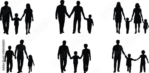 Silhouettes of families holding hands in various compositions black white