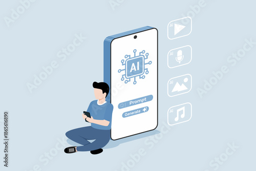 Man using generative AI on a smartphone to create video, audio, images, and music with prompts. Flat vector illustration of mobile artificial intelligence technology.
