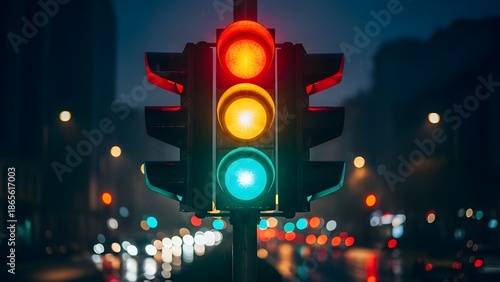A close-up view of a traffic light displaying red, yellow, and green signals against a blurred, nighttime city backdrop with car lights