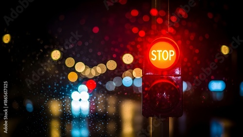 Wallpaper Mural Dramatic night scene of a bright red stop signal amidst rain-splattered glass, featuring atmospheric bokeh of city traffic lights in the background Torontodigital.ca