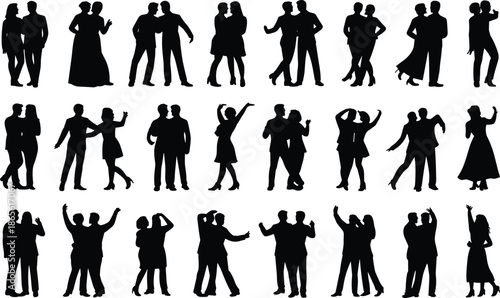 Silhouettes of people dancing and interacting in various poses and outfits on a white background couples