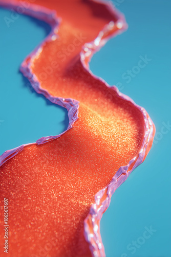 Vibrant red abstract river flows on bright blue background