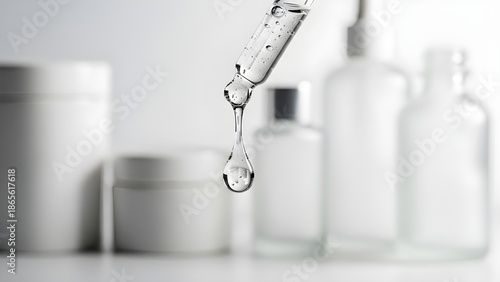 Wallpaper Mural Close-up of a cosmetic dropper dispensing a clear liquid drop, with blurry white skincare product containers in the background, suggesting beauty and wellness routines for healthy skin Torontodigital.ca