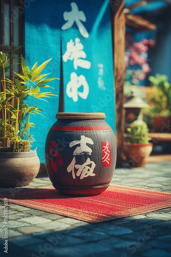 Traditional ceramic jar with Japanese text outside on mat