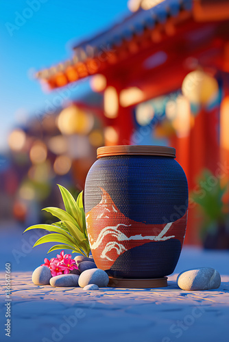 Ceramic jar with artistic design, blossoms, stones, vibrant background.