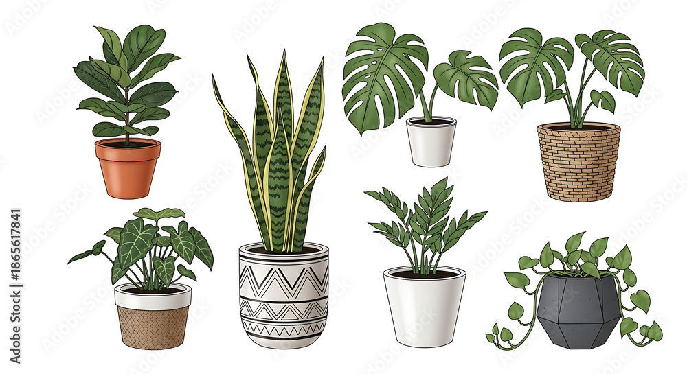 Fototapeta premium Collection of Popular Indoor Houseplants in Decorative Pots Vector Illustration Set 