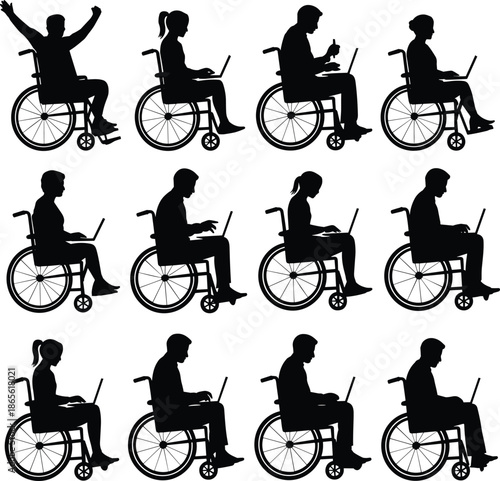 Silhouettes of people in wheelchairs using laptops and raising arms on white background