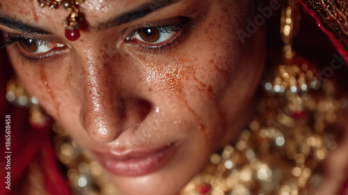 Close-Up Portrait of Young Indian Woman with Tears on Her Face Showing Deep Emotion
