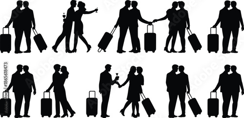 Silhouettes of people with luggage and drinks in formal attire handshake