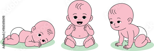 Three cartoon babies in different crawling positions on a green surface infant smiling