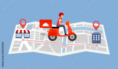 Food delivery scooter on map pin. Online food delivery service and shipment distribution.