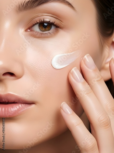 Wallpaper Mural Close-up of a young woman's radiant face, gently applying a luxurious white moisturizer or cream to her cheek, highlighting a healthy and hydrated skincare routine for beautiful skin and self-care Torontodigital.ca