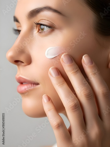 Wallpaper Mural Close-up profile of a young woman gently applying a nourishing face cream to her cheek, emphasizing a healthy skincare routine and radiant complexion Torontodigital.ca