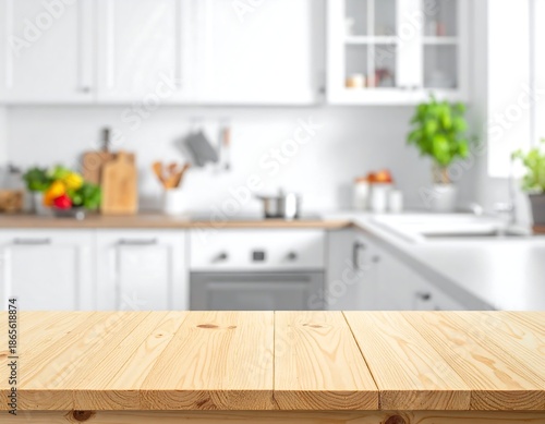 Wooden table foreground, with a blurred white kitchen background