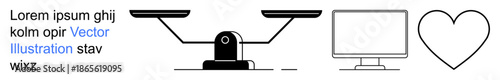 Justice, technology, fairness, decision-making, healthcare, digital ethics. A balance scale, a computer monitor and a heart shape. Justice and technology concepts through symbolic icons