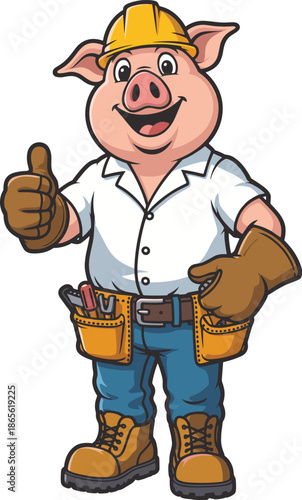 Cartoon pig builder, construction worker, safety gear, hard hat, cheerful character, tool belt, work boots, job site, flat vector illustration