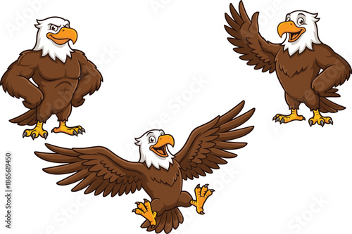 Cartoon bald eagle, flying mascot, strong bird, waving eagle, animated character, American symbol, wildlife pose, expressive animal, flat vector illustration