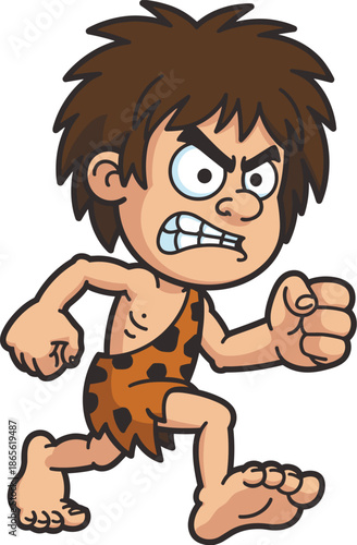 Cartoon caveman, prehistoric character, angry expression, running pose, leopard skin, wild human, dynamic motion, primitive costume, flat vector illustration