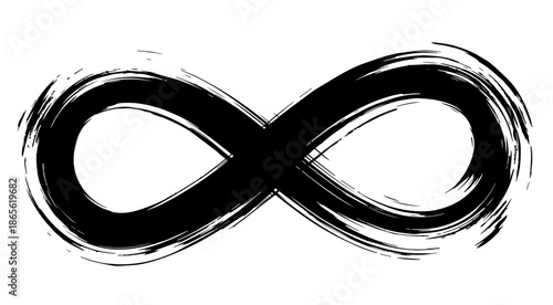 Black grunge infinity symbol painted with textured ink brush strokes on a white background, representing the concept of eternal continuity