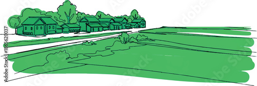 Vector illustration of a green grass meadow under a blue summer sky with white clouds, sun, and rolling hills forming a peaceful spring nature landscape