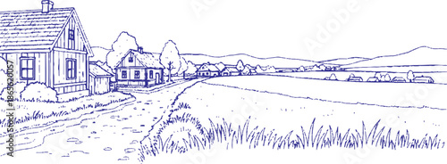 The image is a pen and ink drawing rendered in blue ink, showcasing a tranquil rural landscape. A dirt road meanders through the scene, guiding the viewer's eye past several houses, which suggests a s