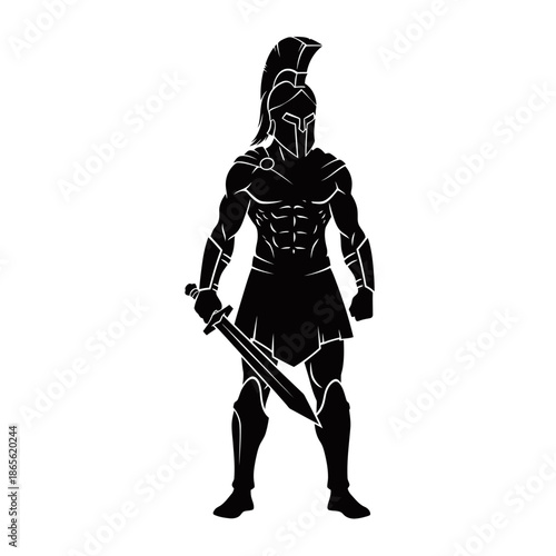 Black silhouette of a muscular Spartan warrior in a helmet and skirt, holding a sword, standing in a powerful pose on a white background.