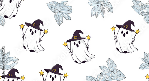 Seamless Halloween pattern featuring cute cartoon ghosts in witch hats with magic wands and sparkling blue crystals on white.
