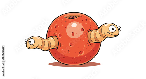 Humorous cartoon illustration of a red apple with two friendly, smiling worms peeking out from holes on opposite sides.