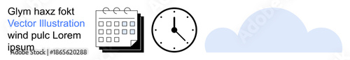 Time management, scheduling, cloud computing, digital organization, productivity, future planning. Calendar, clock and cloud symbols these ideas. Time management and scheduling concept